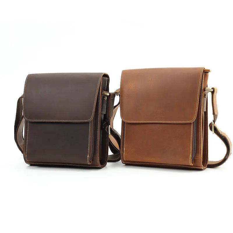 Men's first-layer cowhide leather single-shoulder crossbody bag in Brown 209 with solid colour finish