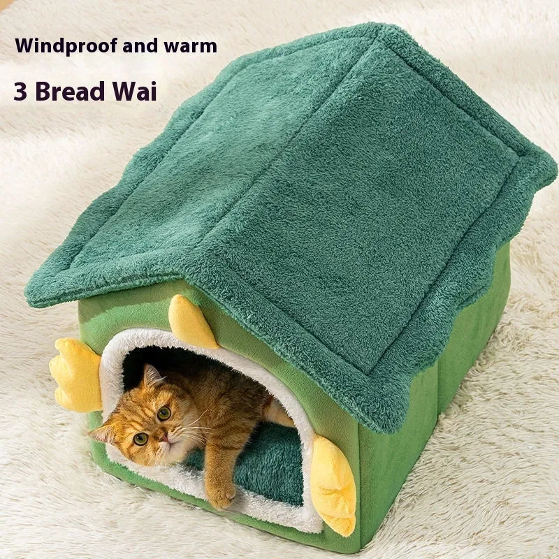 Grey enclosed cat nest bed with thick cushion inside, shown in large size.