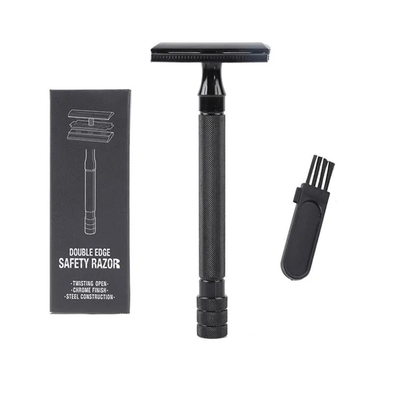 Manual beard shaving tool with metal scraper and brush for traditional wet shaving