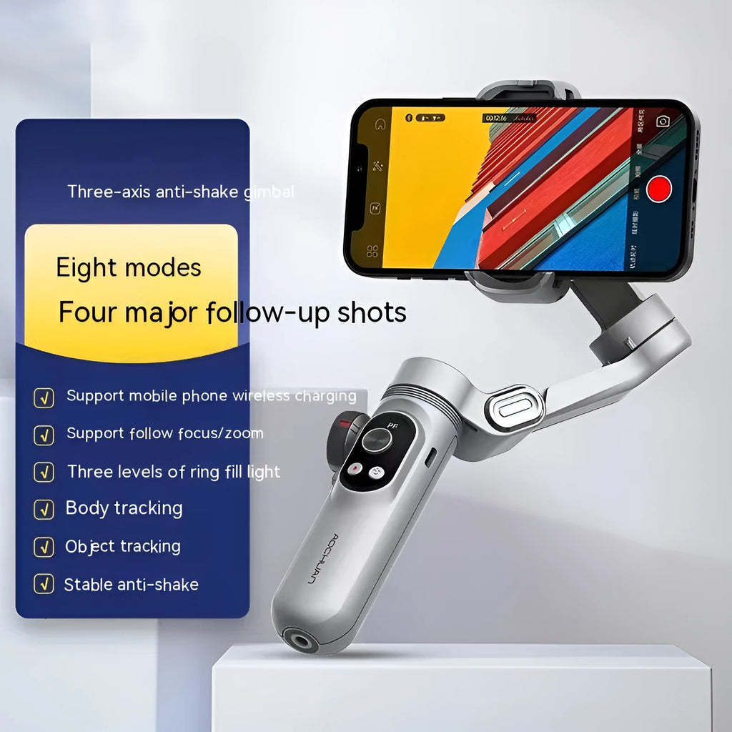 Silver grey smartphone gimbal stabiliser with extended arms and Bluetooth remote on a black background.