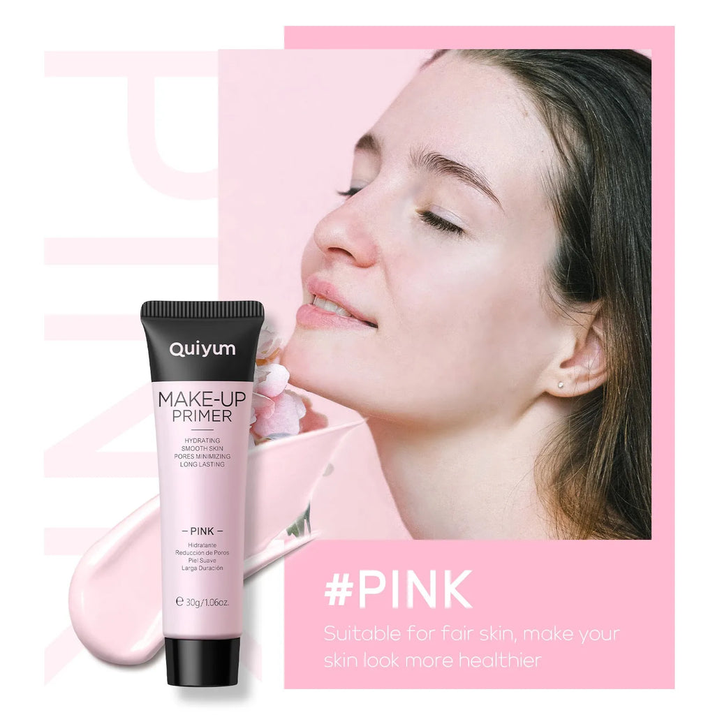 30g moisturising makeup primer tube with colour options: green, pink, and purple.