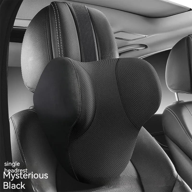 Memory foam and latex car lumbar support pillow and matching headrest with knitted fabric cover.