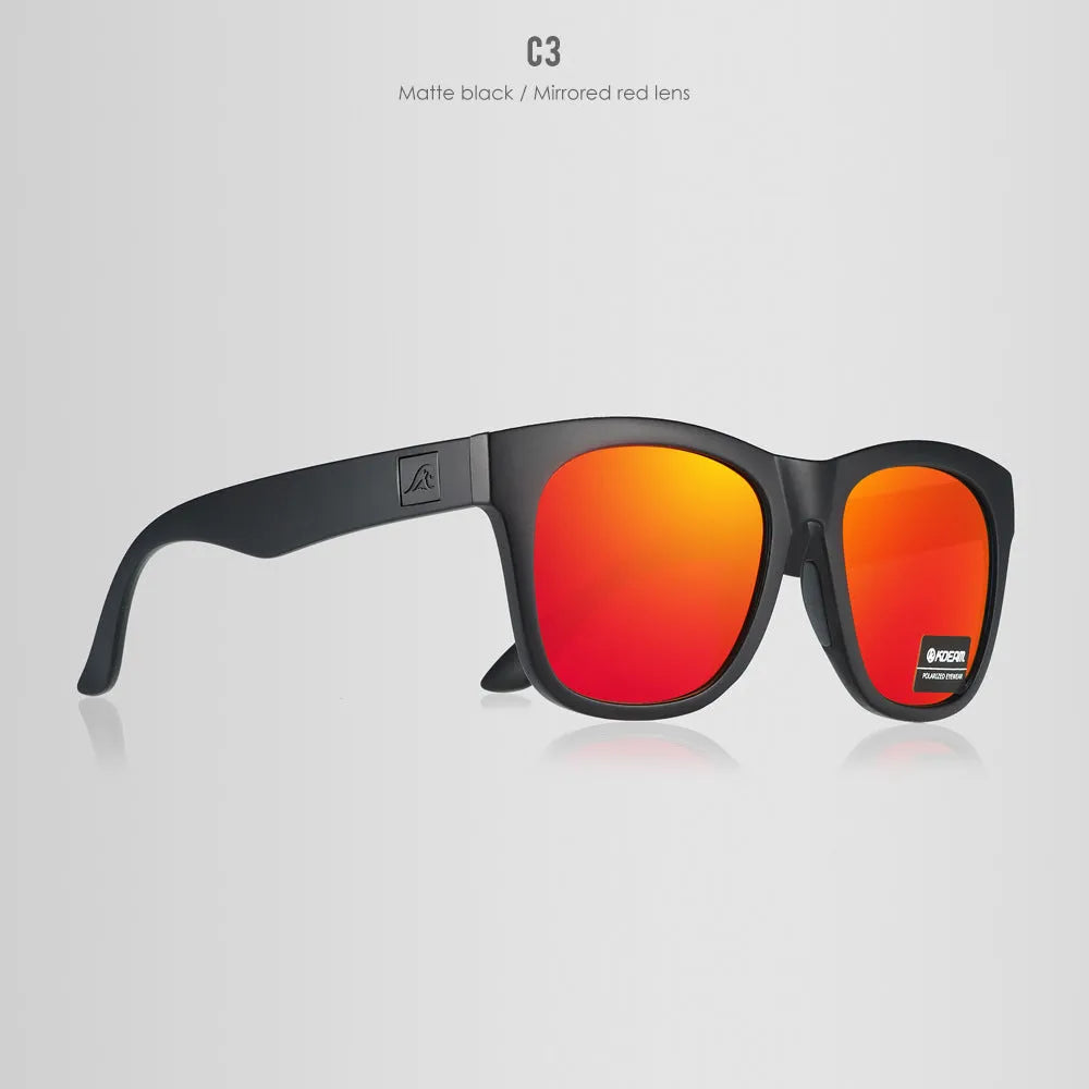 Polarised sunglasses with TAC lenses and PC frame for outdoor driving and fishing.