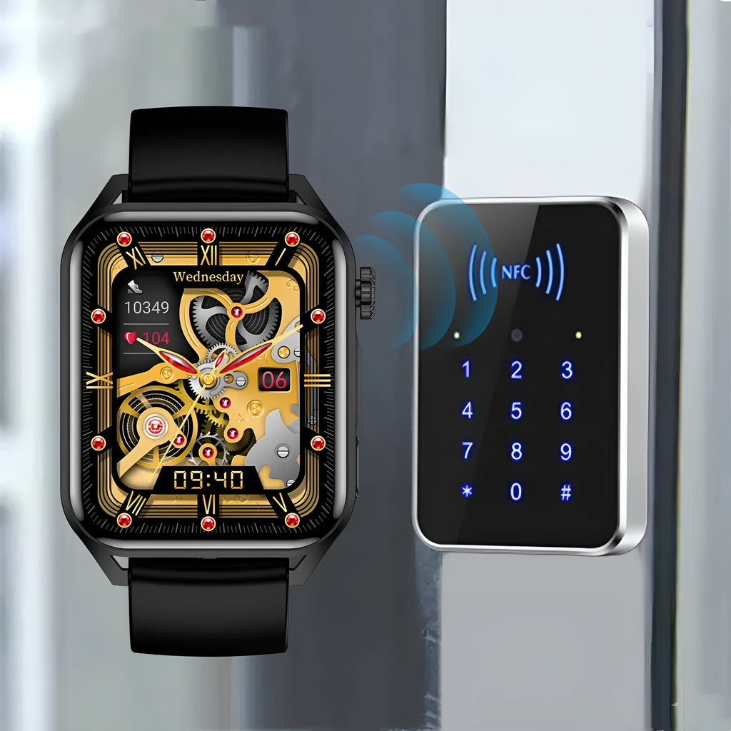 Black smart watch with a 1.8-inch AMOLED screen and a silicone wrist strap.