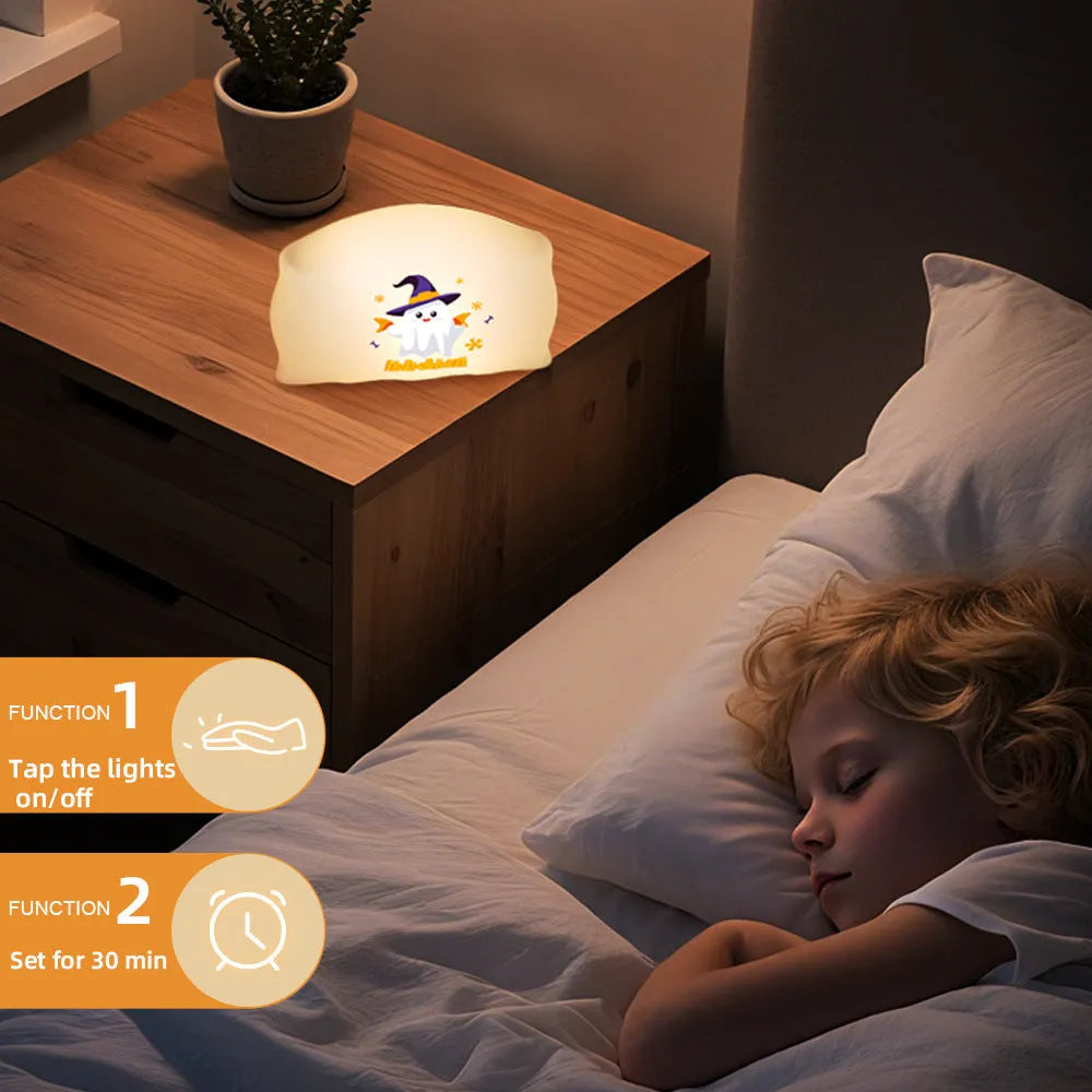Cartoon Halloween doll bedside table lamp in magic ghost colour with warm light glow.