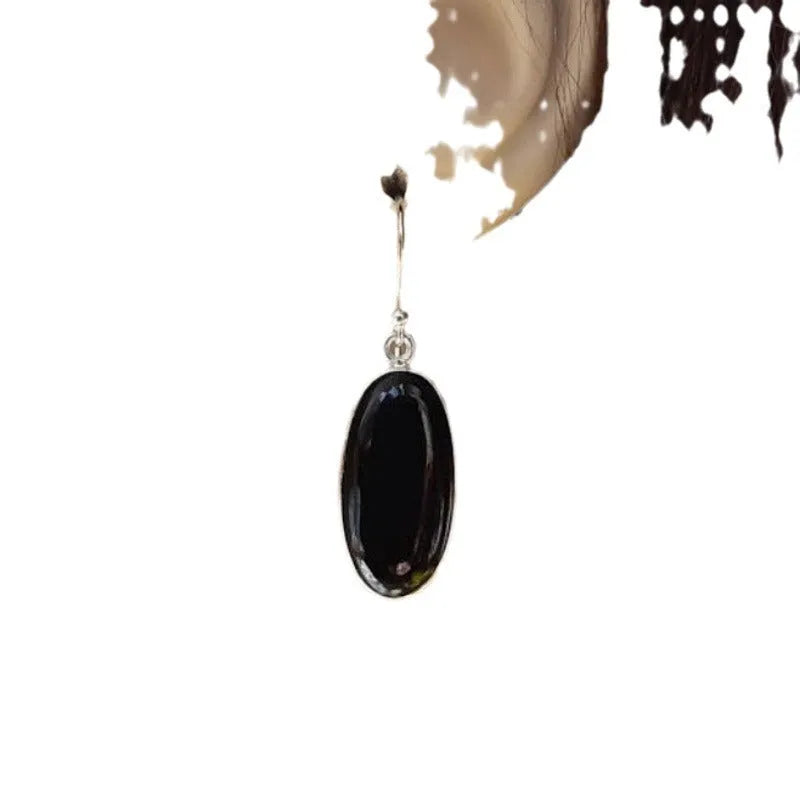 Black agate oval pendant earrings with 925 silver electroplating and geometric Chinese design elements