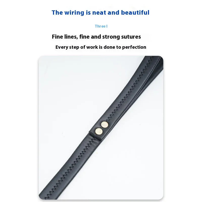 Black PU leather pet traction belt showing length and clip for dog walking