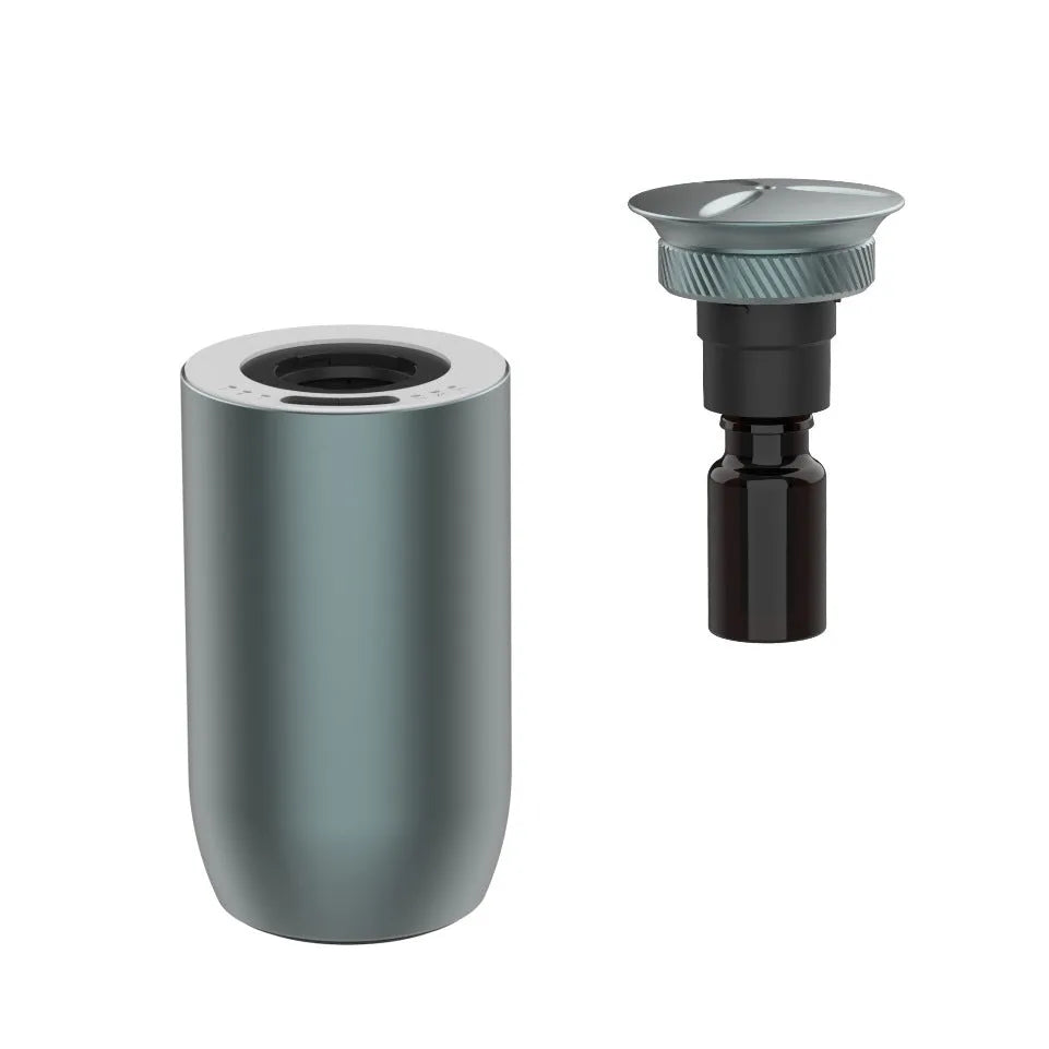 Portable car aroma diffuser in column shape with metal construction and touch button controls