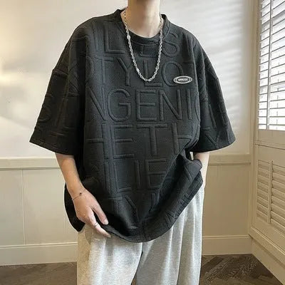 Men's black t-shirt with white three-dimensional letter print showing retro summer design