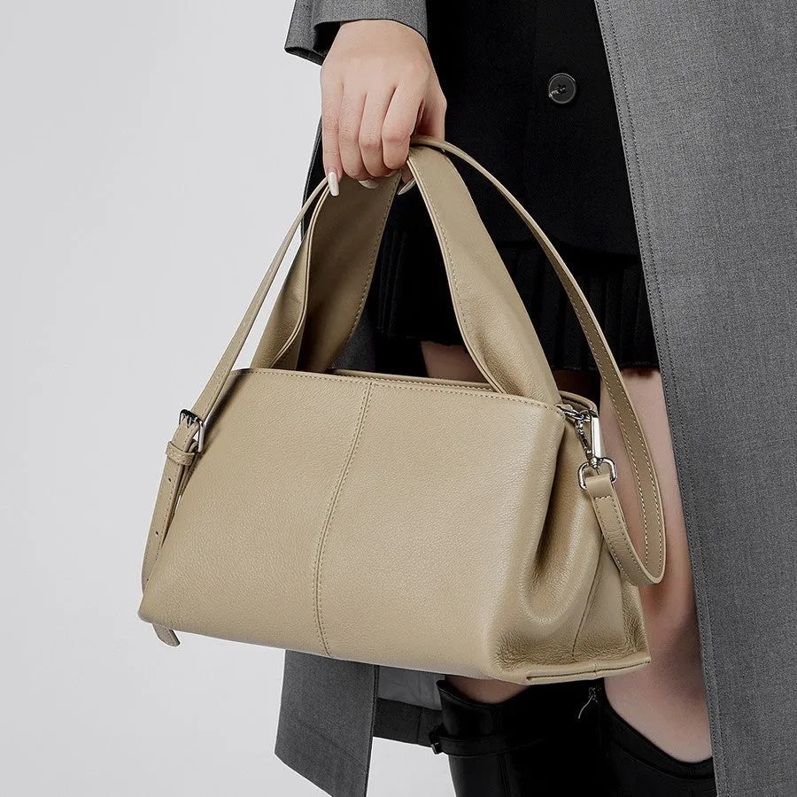 Female retro texture genuine leather messenger bag in horizontal square design with double shoulder straps