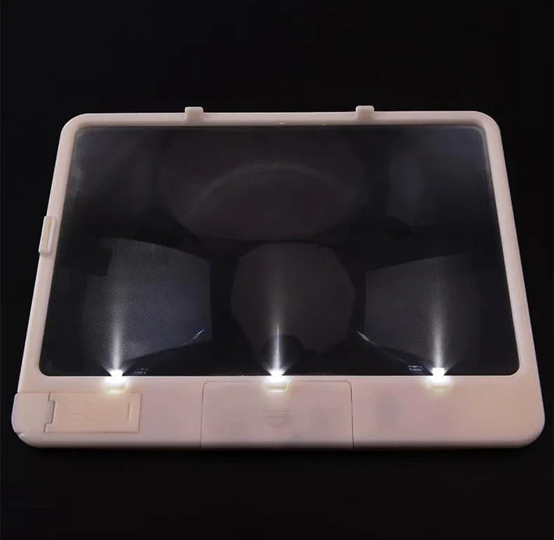 Black handheld magnifying glass with 3 LED lights and 180x140mm PVC lens for 3X magnification reading