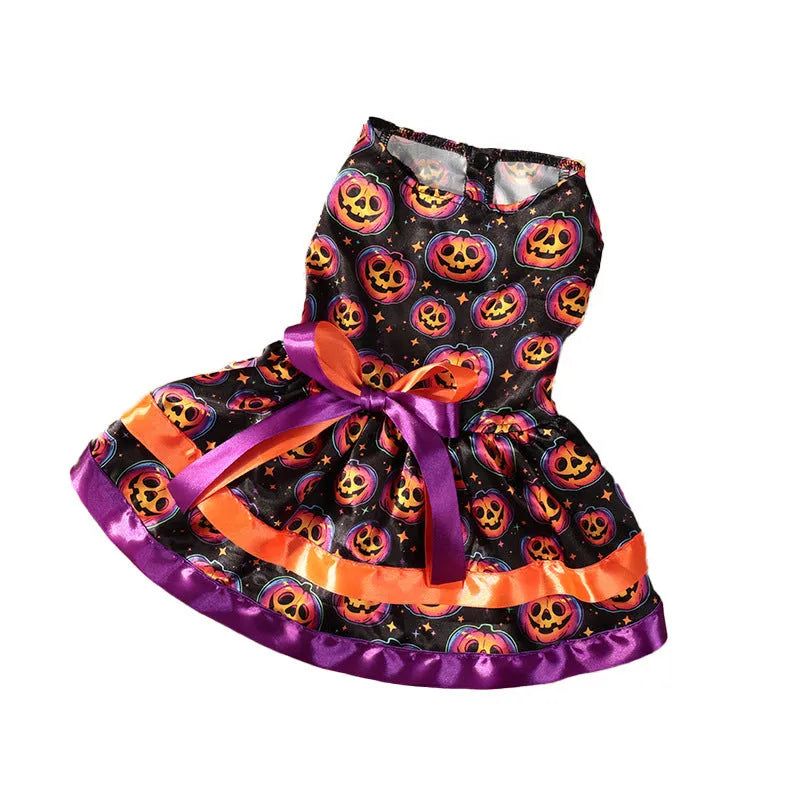 Colourful Halloween dog skirt with pumpkin or skull print on a pet.