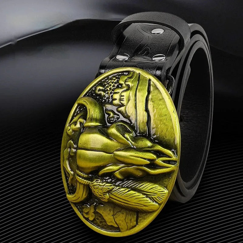 Men's brown imitation leather belt with a detailed silver alloy cow head buckle and pin buckle fastening.