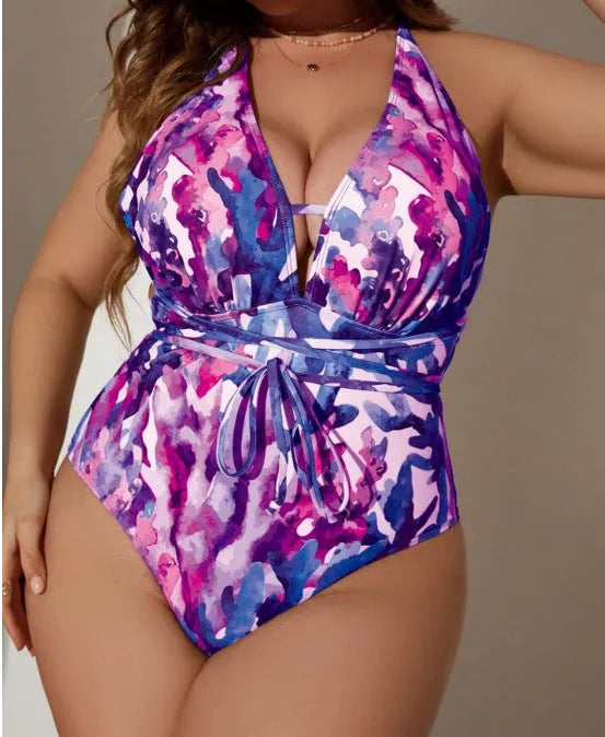 Purple halter neck swimsuit with matching bikini briefs for adult females