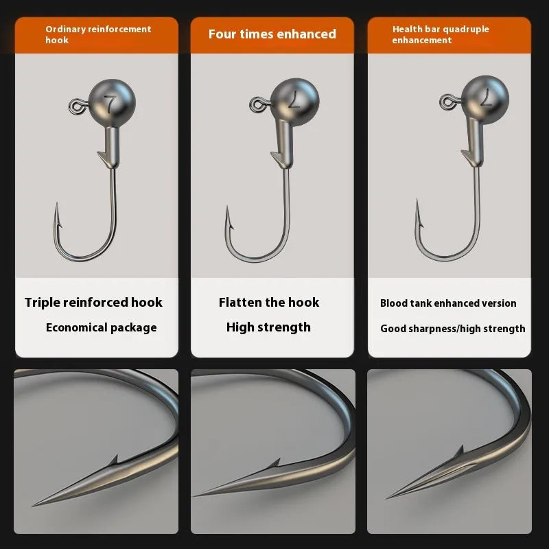 Set of 50 enhanced steel fishing jig hooks with barbed design and lead-head construction