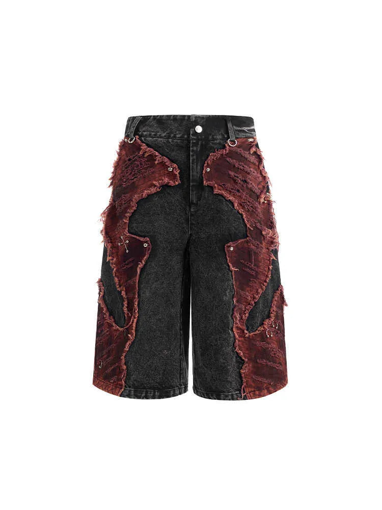 Distressed wide-leg denim cropped pants with brushed stitching and mid-high waist