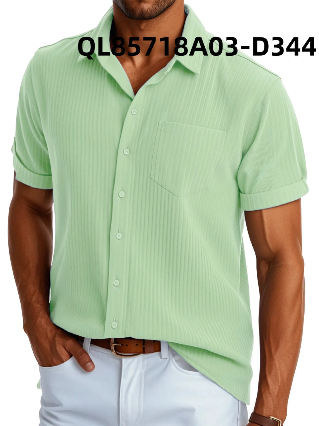 Men's loose fit casual short sleeve shirt with lapel collar and printed line design.
