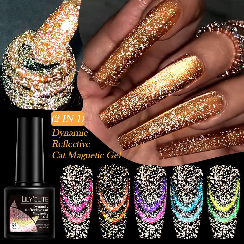 Bottle of Diamond In The Debris Cat Eye Series Nail Polish Gel showing glitter and diamond fragments, with six colour options displayed.