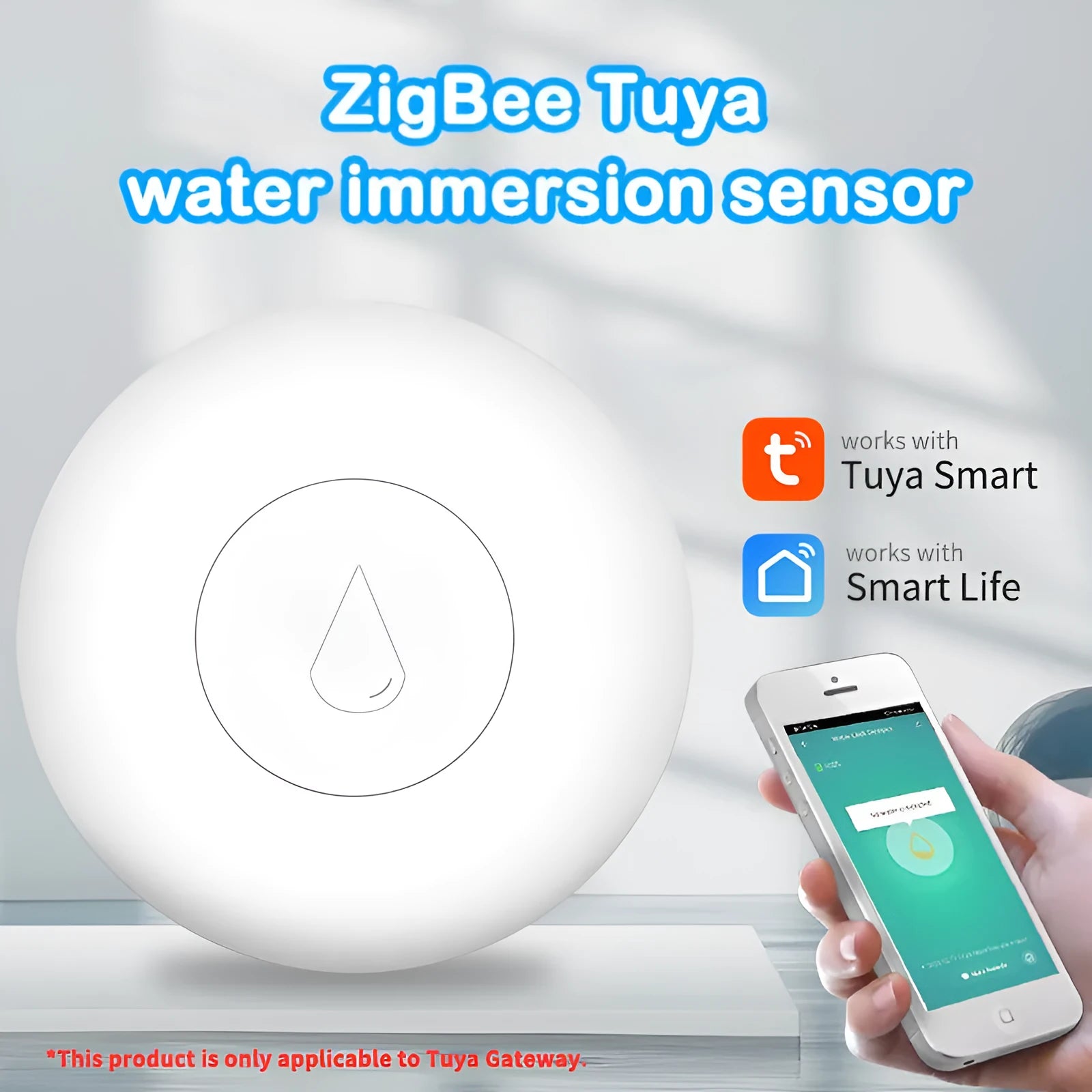 Zigbee wireless water sensor flood detector with compact PC housing measuring 50mm by 17mm