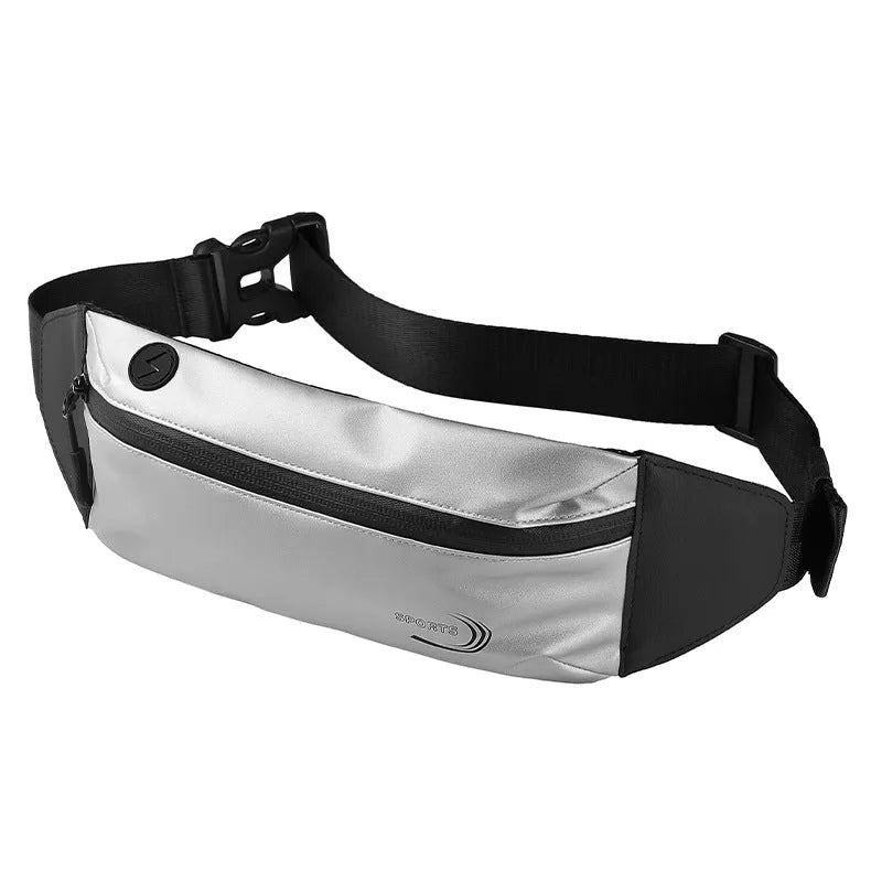 Men's black waterproof sports waist bag with bungee cord waistband on a grey background