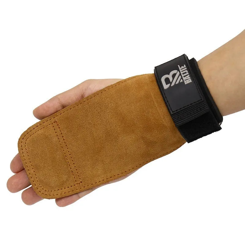 A pair of brown grip strength wrist bands for pull-up and fitness hand protection.