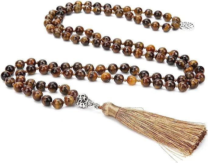 Handmade knotted stone bead necklace with 108 beads, showing geometric design and natural stone colours.