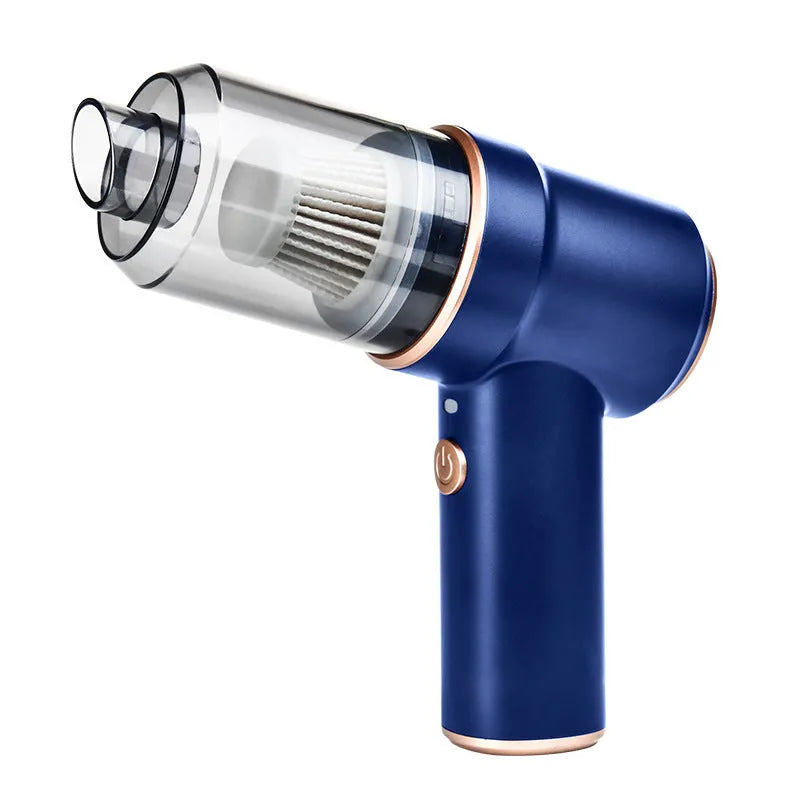 Mini rechargeable wireless vacuum cleaner 8000pa Moran Blue with brush, long straw, and USB cable on light background