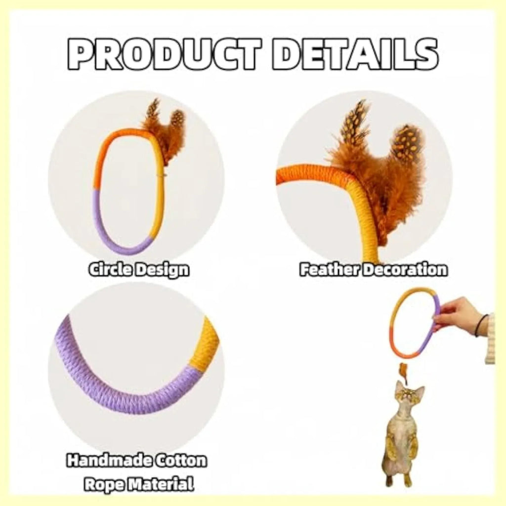 Green circular cotton rope cat toy with feathers for chewing and interactive play