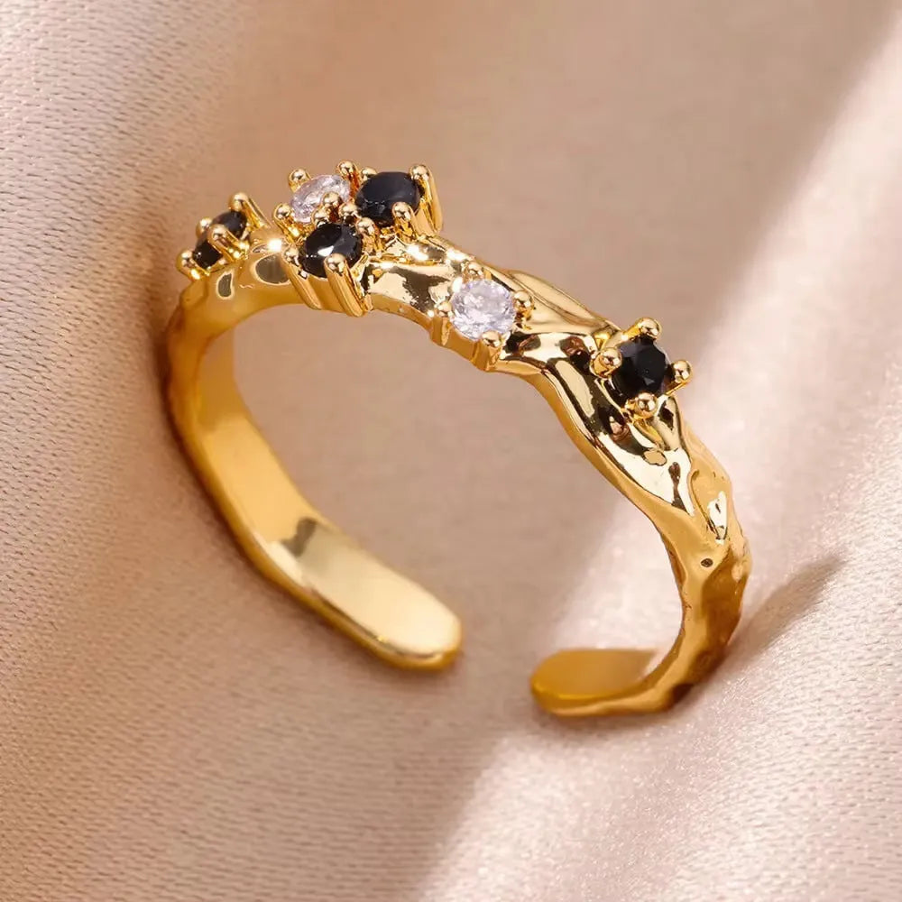 Adjustable 18K gold plated love emerald ring with synthetic zircon for women, open mouth copper design