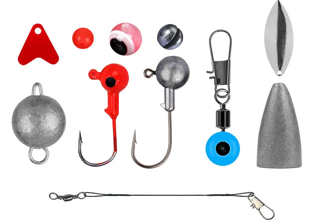 Weihe orange and black boxes containing 257 pieces of fishing lure hooks and accessories