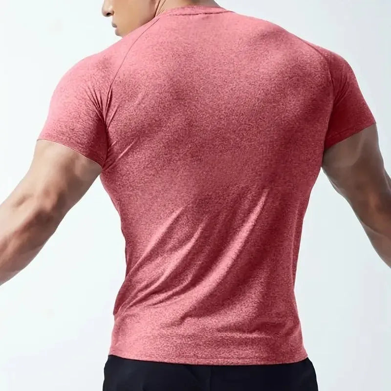 Man wearing a green quick-dry stretch polyester short sleeve t-shirt.