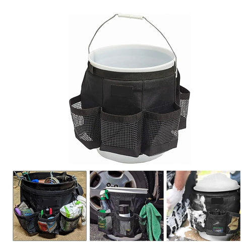 Black cylindrical polyester buggy storage bag hanging from a 5-gallon barrel.