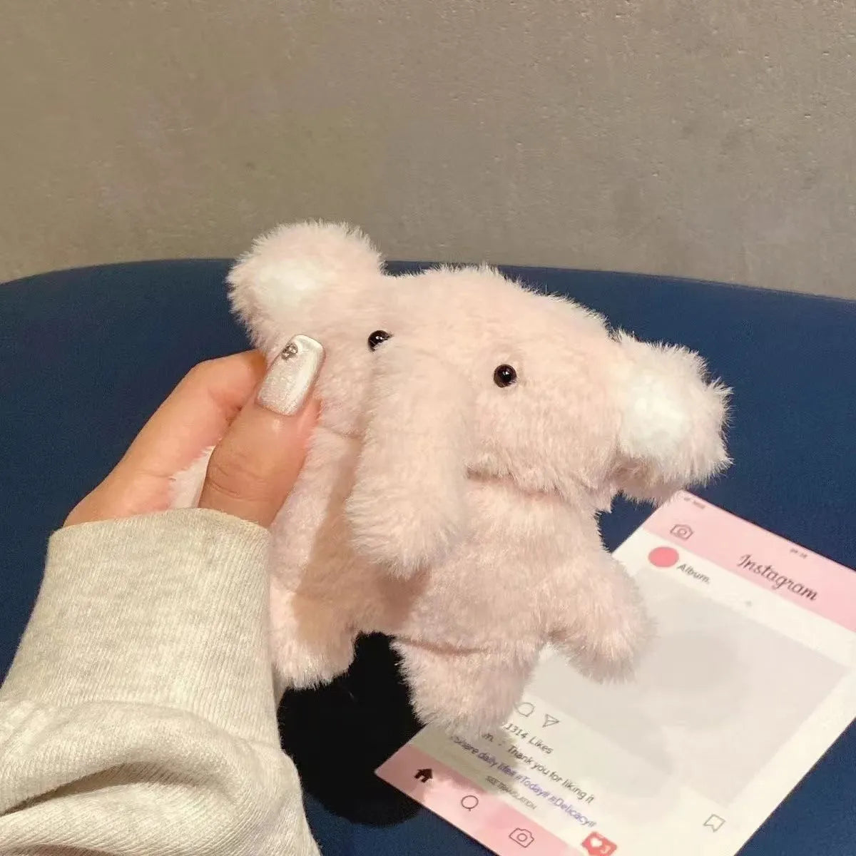 Pink plush baby elephant wireless Bluetooth earbuds case for AirPods, flannel fabric, cartoon style
