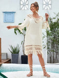 Apricot coloured hand-crocheted women's beach dress with a lining.