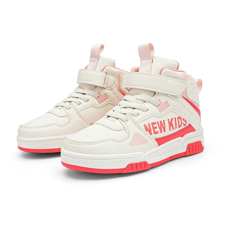 Children's street sneakers in multiple colours with PU upper and rubber sole showing lace-up buckle fastening