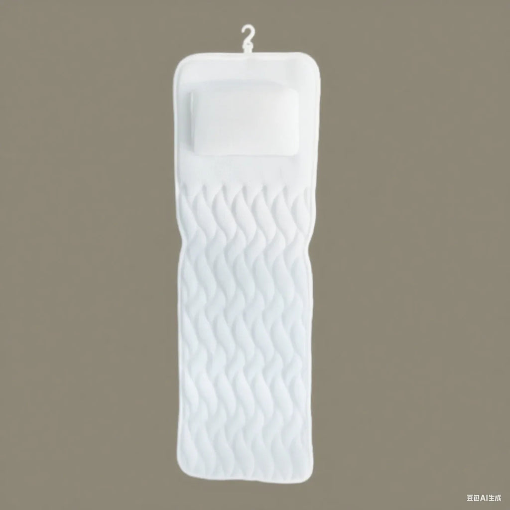 White bathtub pillow with 4D mesh and 7 suction cups on a bathtub.