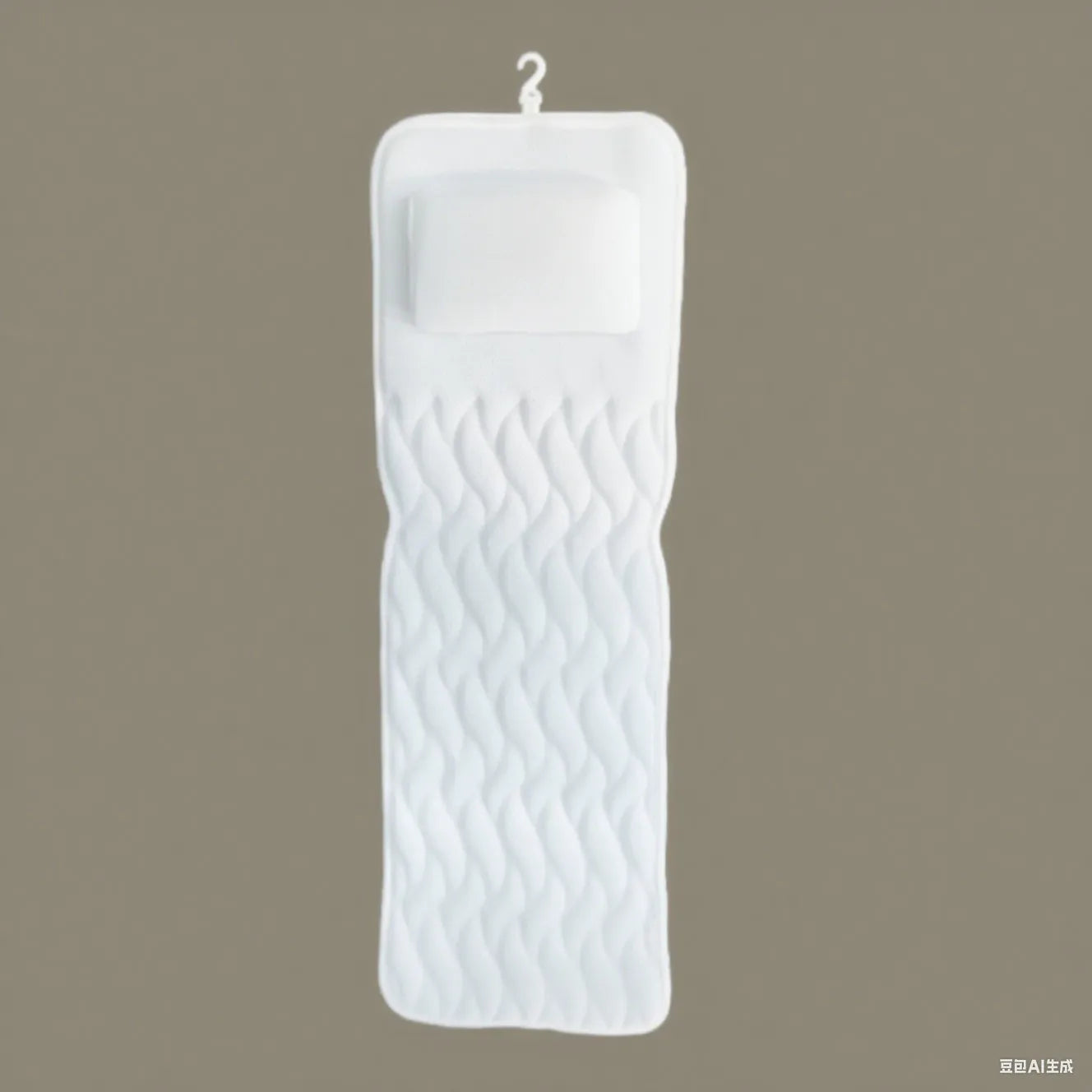 White bathtub pillow with 4D mesh and 7 suction cups on a bathtub.
