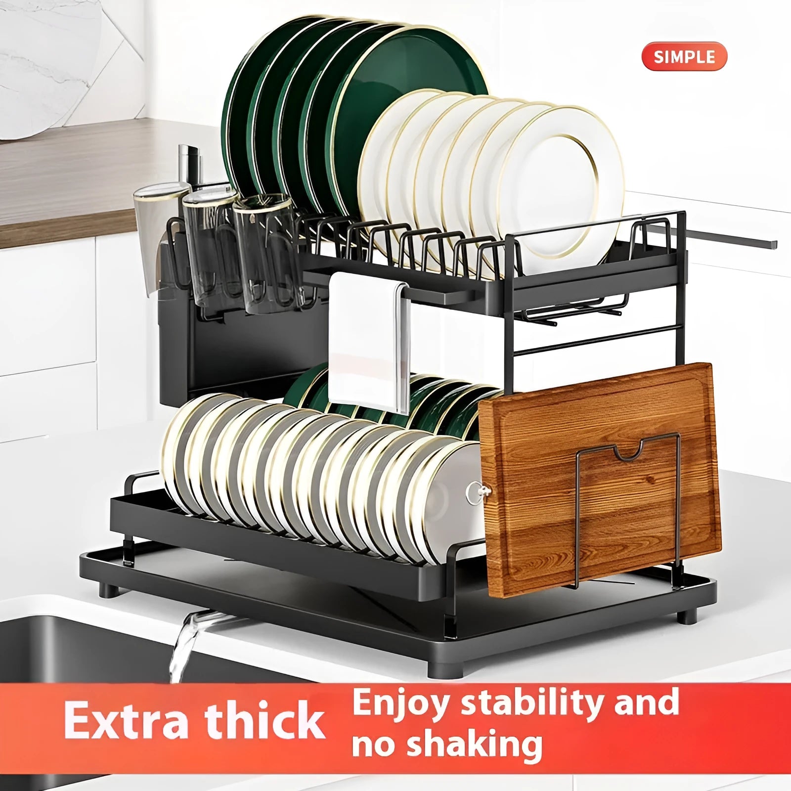 Modern white double-layer kitchen draining and storage rack made from carbon steel.