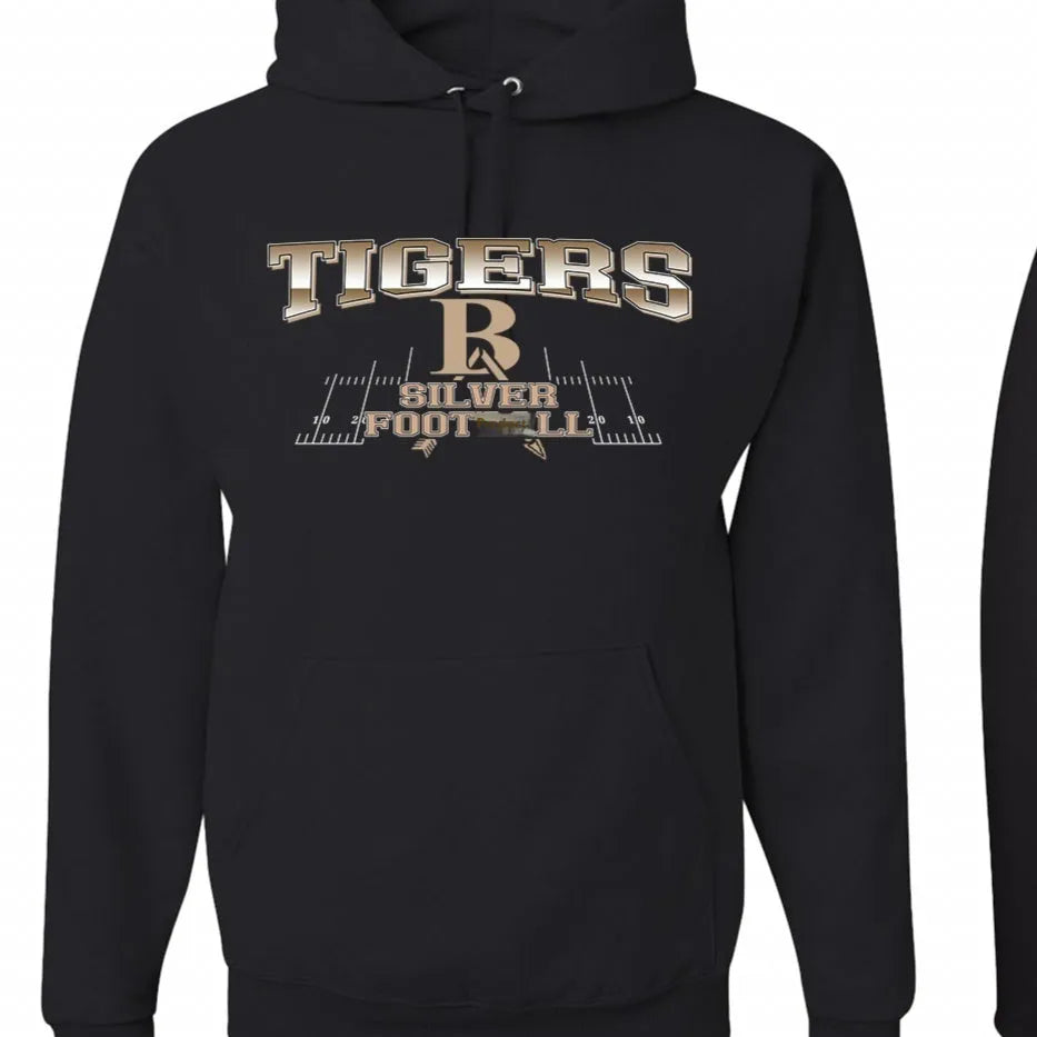 Black drop-shoulder leisure hoodie on a hanger, showing relaxed fit and long sleeves.