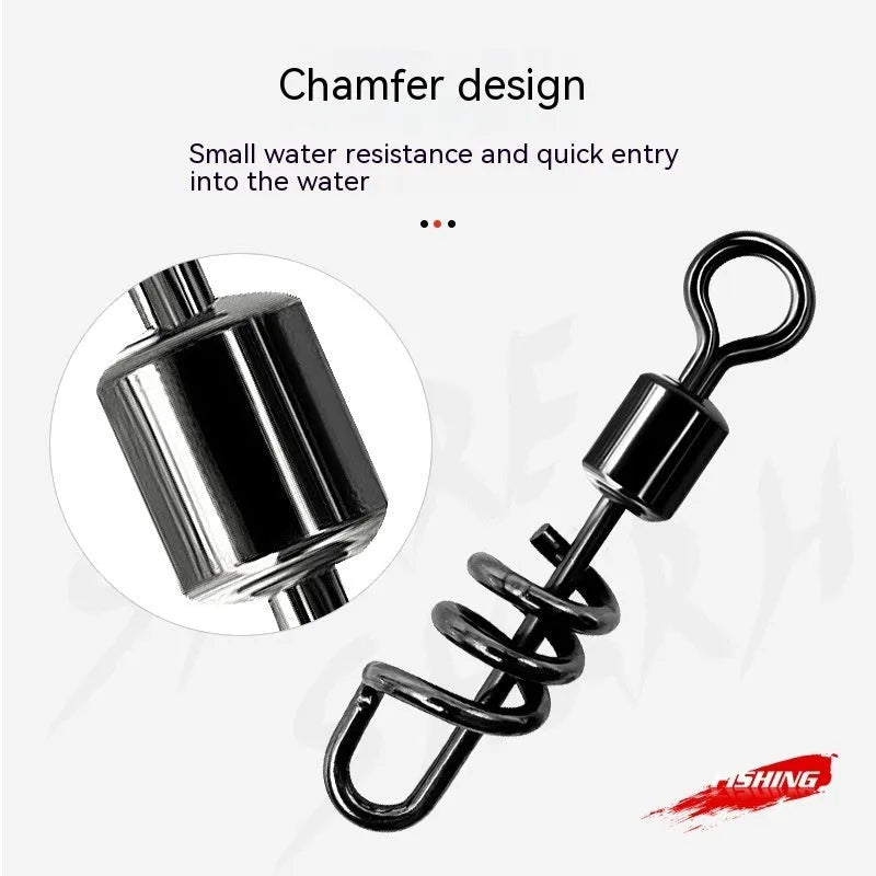 Close-up of a silver 8-shaped metal fishing swivel connector on a dark background.