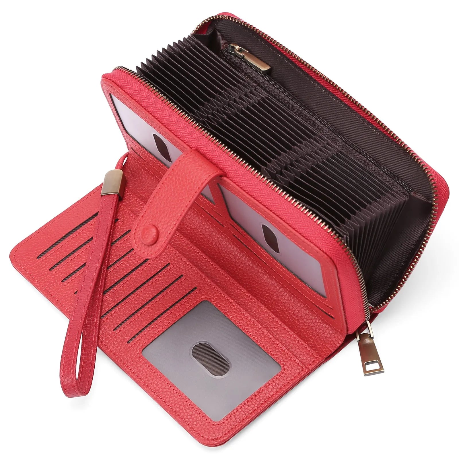 Light brown expanding card holder wallet for women showing multiple card slots and anti-theft swiping feature.