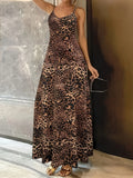 Dark brown leopard print sleeveless casual dress with shoulder straps and long skirt