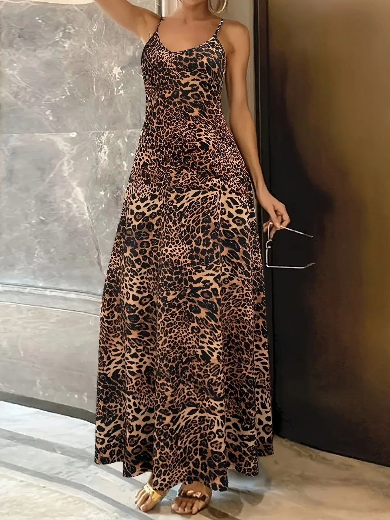 Dark brown leopard print sleeveless casual dress with shoulder straps and long skirt