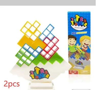 Plastic balance stacking game with colourful building blocks on chassis for family play