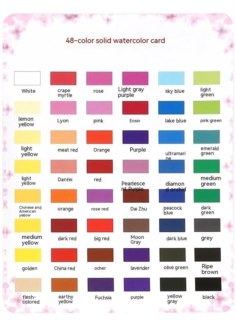 Box of 48 solid watercolour paint blocks for gouache, showing colours including Black Knight, Girl Pink, and Sunshine Blue.