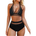 Women's black polyester split bikini swimsuit with briefs style on size chart background