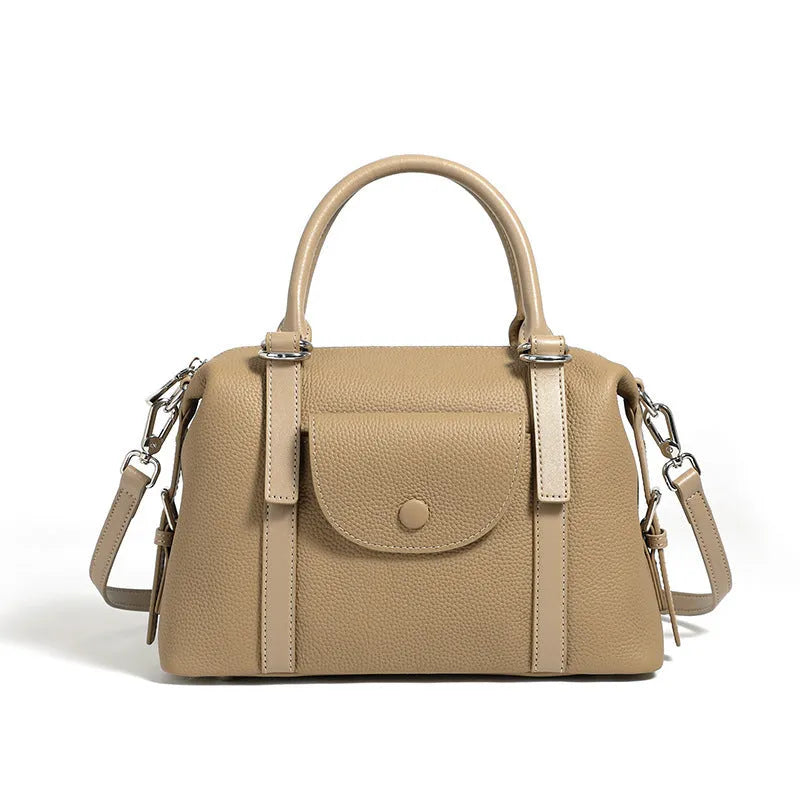Genuine leather ladies' shoulder bag with stitching details and lock fastening in three colour options