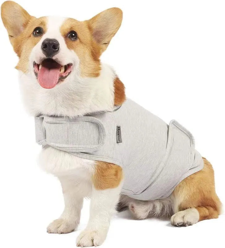 Brown brocade cotton dog anxiety tank top for separation relief, sized for medium dogs.