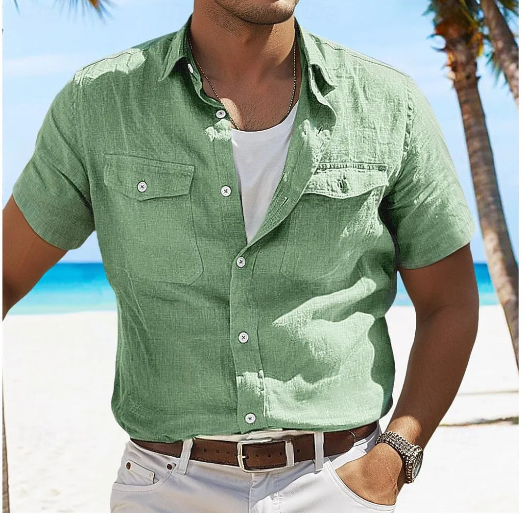 Men's loose cotton cardigan shirt with polo collar and long sleeves in solid colour