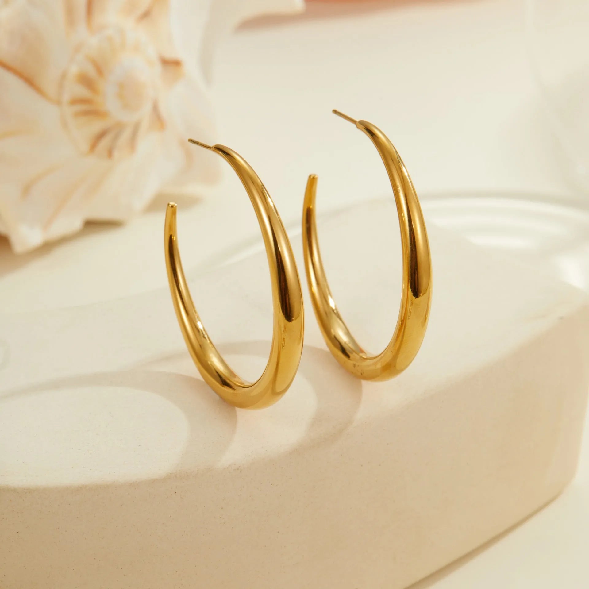Titanium steel hoop earrings with round geometric shape and vacuum PVD gold plating